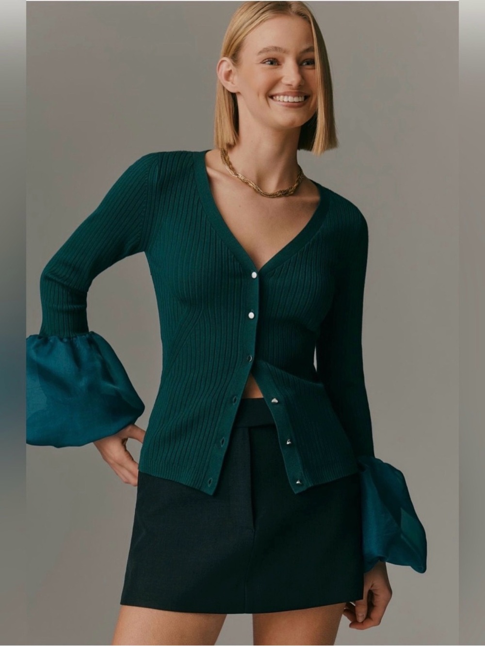 Maeve Long-Sleeve Organza Cuff Sweater Cardigan